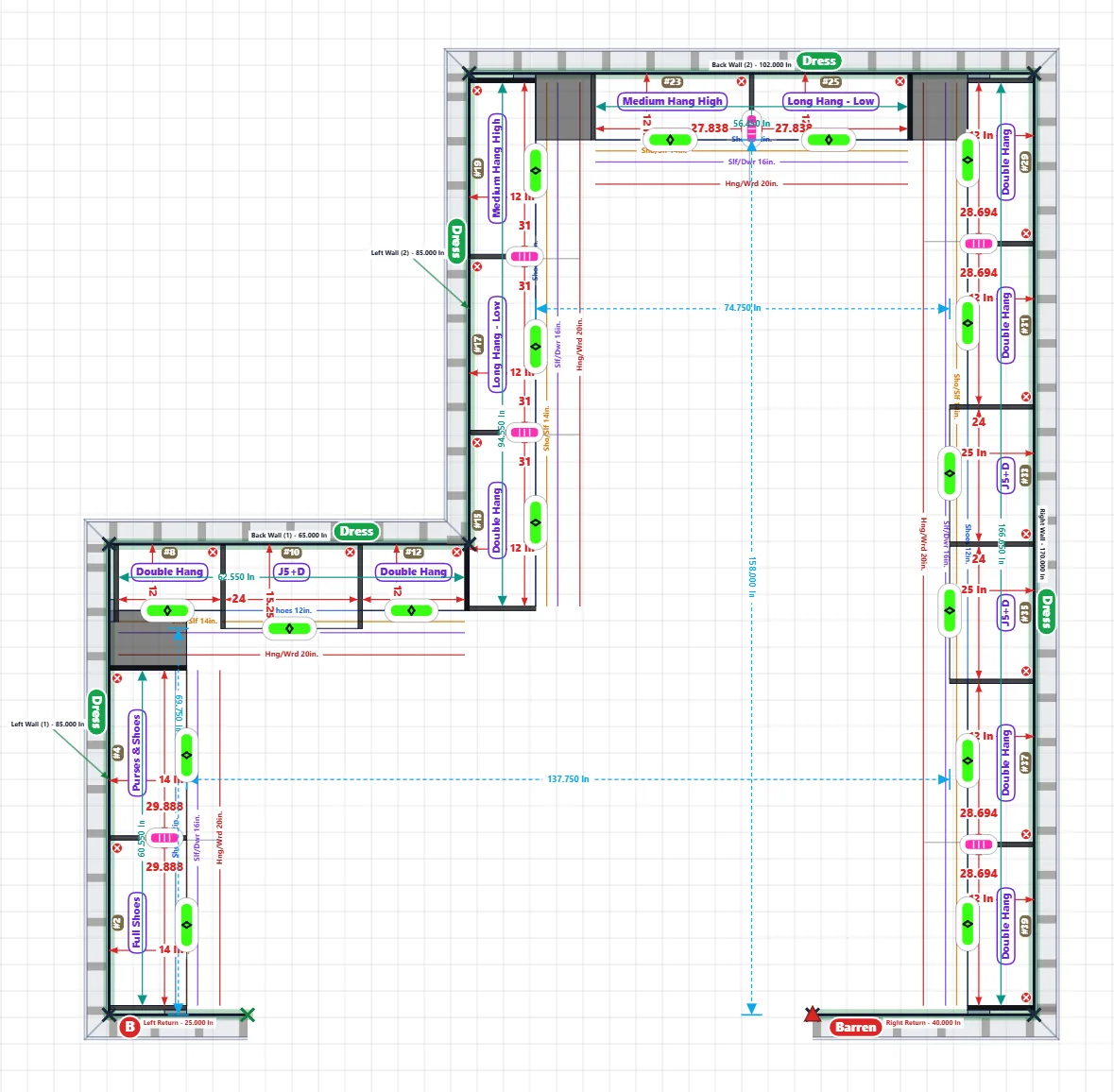 Design mode: every section filled with hanging, shelves, drawers and shoes