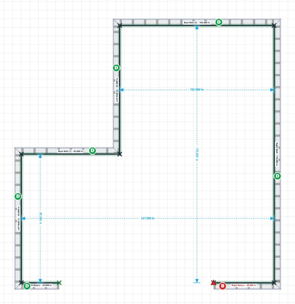Draft mode: the room's walls tapped in, corner to corner
