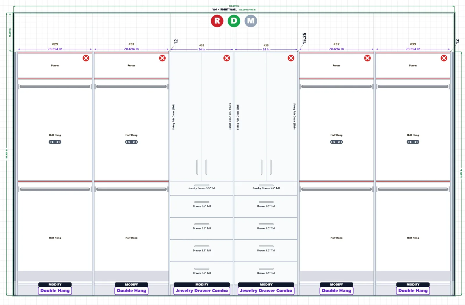 Elevation mode: the right wall drawn face-on, every cabinet sized and named