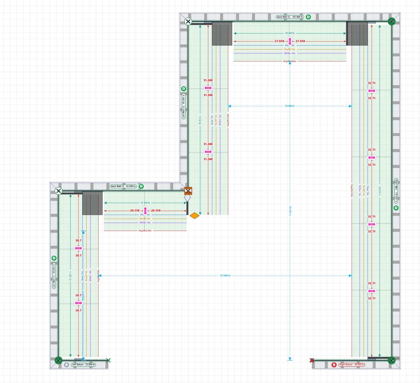 Plan mode: the measured room with its door, and the closet sections laid out to the inch