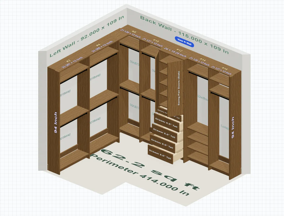 Review mode: the closet in 3D with every cabinet's number and size written on it